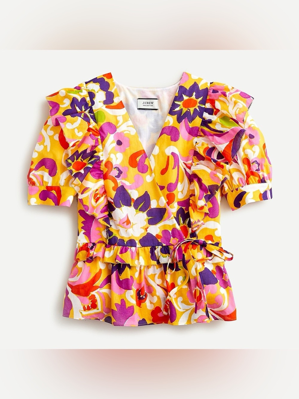 J. Crew Collection Rutti Curly Floral Print Ruffle Wrap Blouse Medium Loud